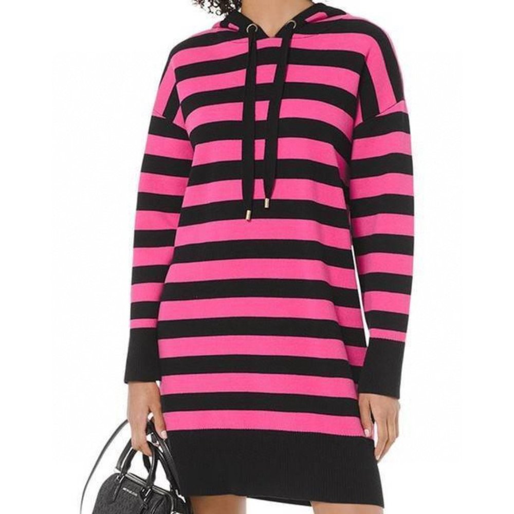 NWT MICHAEL MICHAEL KORS Striped Cotton-Blend Hoodie Dress MF98ZH84VE ORG$195
